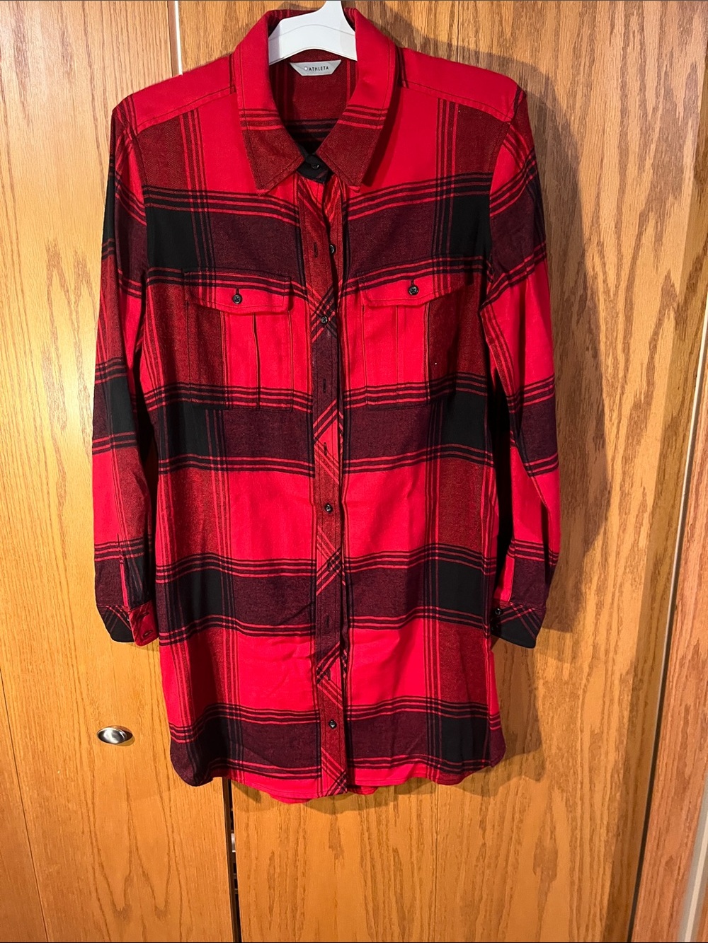 Athleta Red and Black Plaid Long-Sleeve Shirt Dress